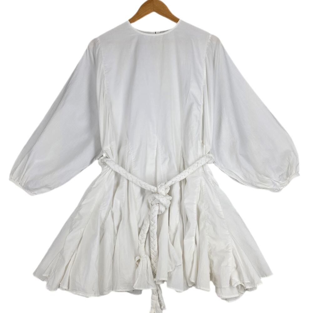 RHODE WOMEN'S ELLA PUFF‑SLEEVE BELTED DRESS – WHITE – SIZE SMALL – 100% COTTON